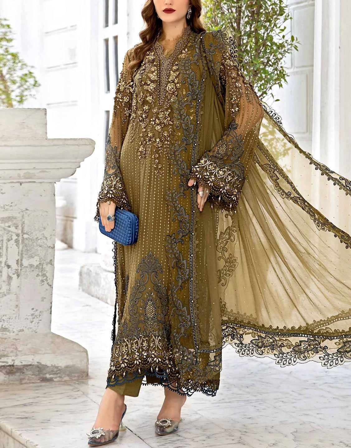 3D Handwork Heavy Embroidered Chiffon Wedding Dress 2024