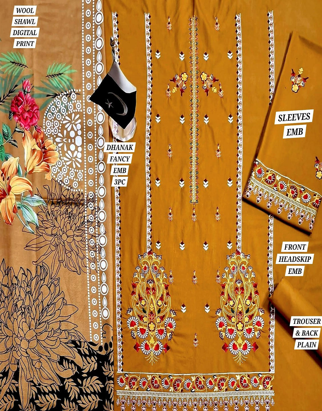 Heavy Embroidered Dhanak Dress with Wool Shawl