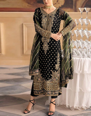Heavy Embroidered Black Chiffon Party Dress with Emb. Organza Dupatta