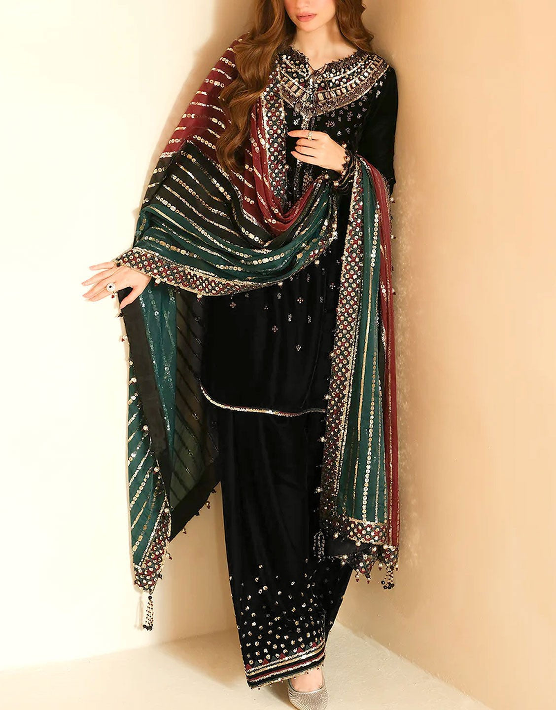 Fancy Embroidered Black Velvet Dress with Emb. Silk Trouser