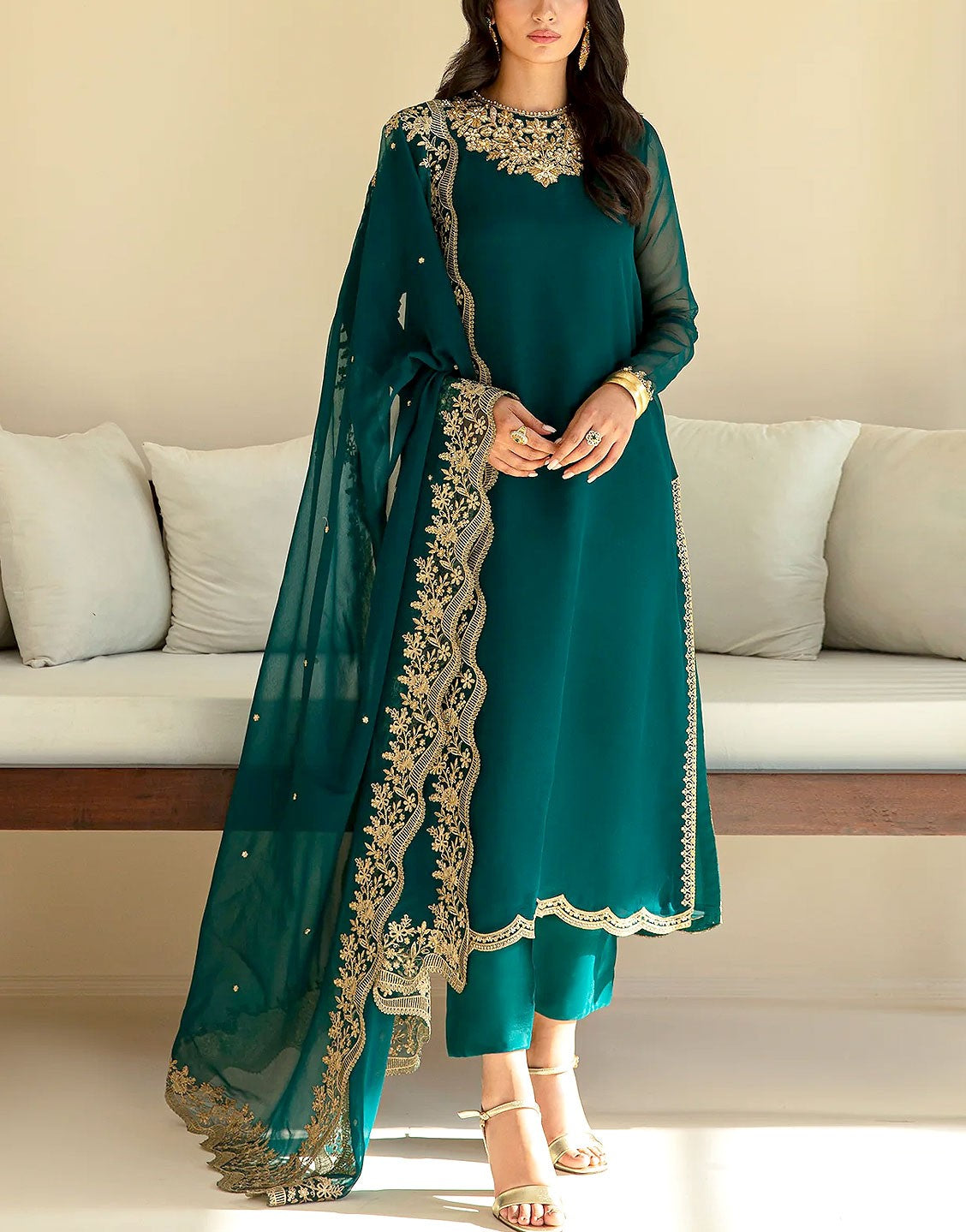 Elegant Embroidered with Handwork Chiffon Party Wear Dress with Inner