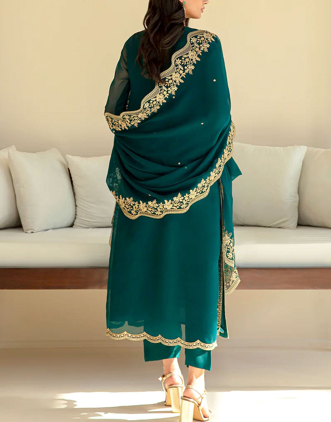 Elegant Embroidered with Handwork Chiffon Party Wear Dress with Inner