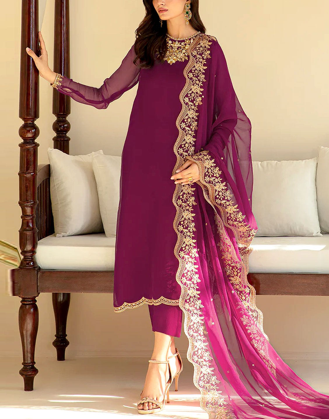 Elegant Embroidered with Handwork Chiffon Party Wear Dress with Inner