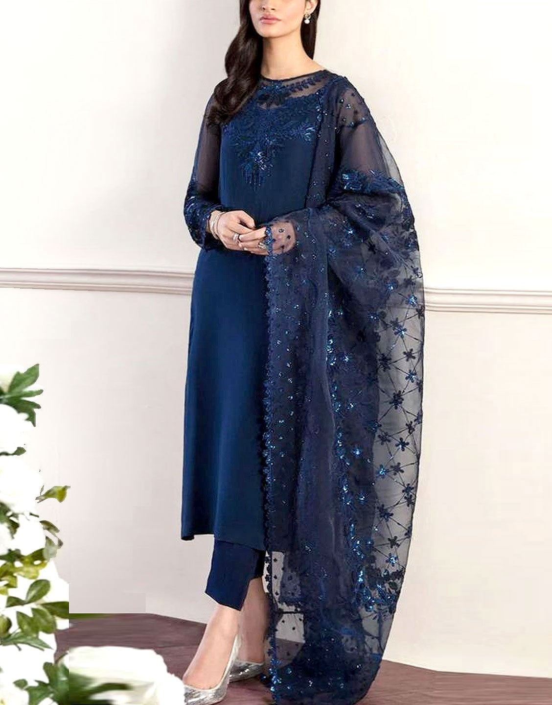 Fancy Embroidered Chiffon Party Wear Dress with Silk Trouser