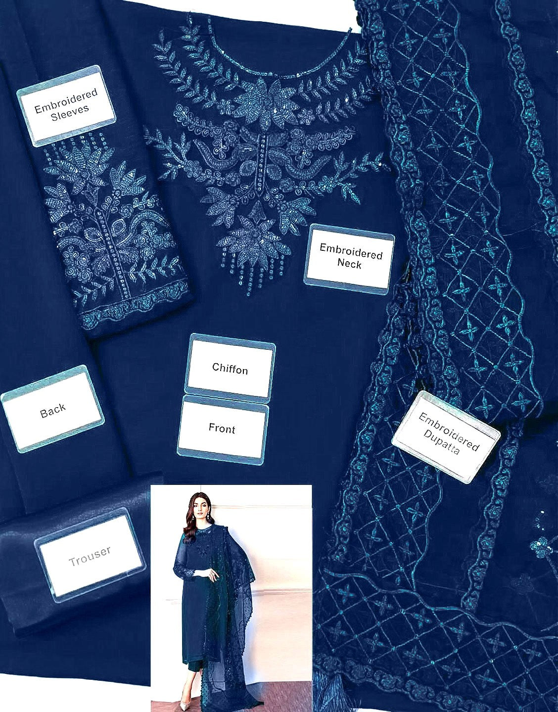 Affordable Fancy Embroidered Navy Blue Chiffon Party Dress with Silk Trouser