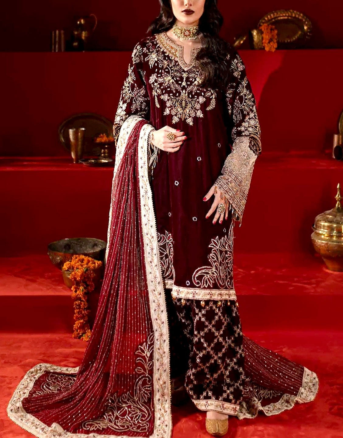 Luxurious Heavy Embroidered Velvet Dress with Emb. Silk Trouser