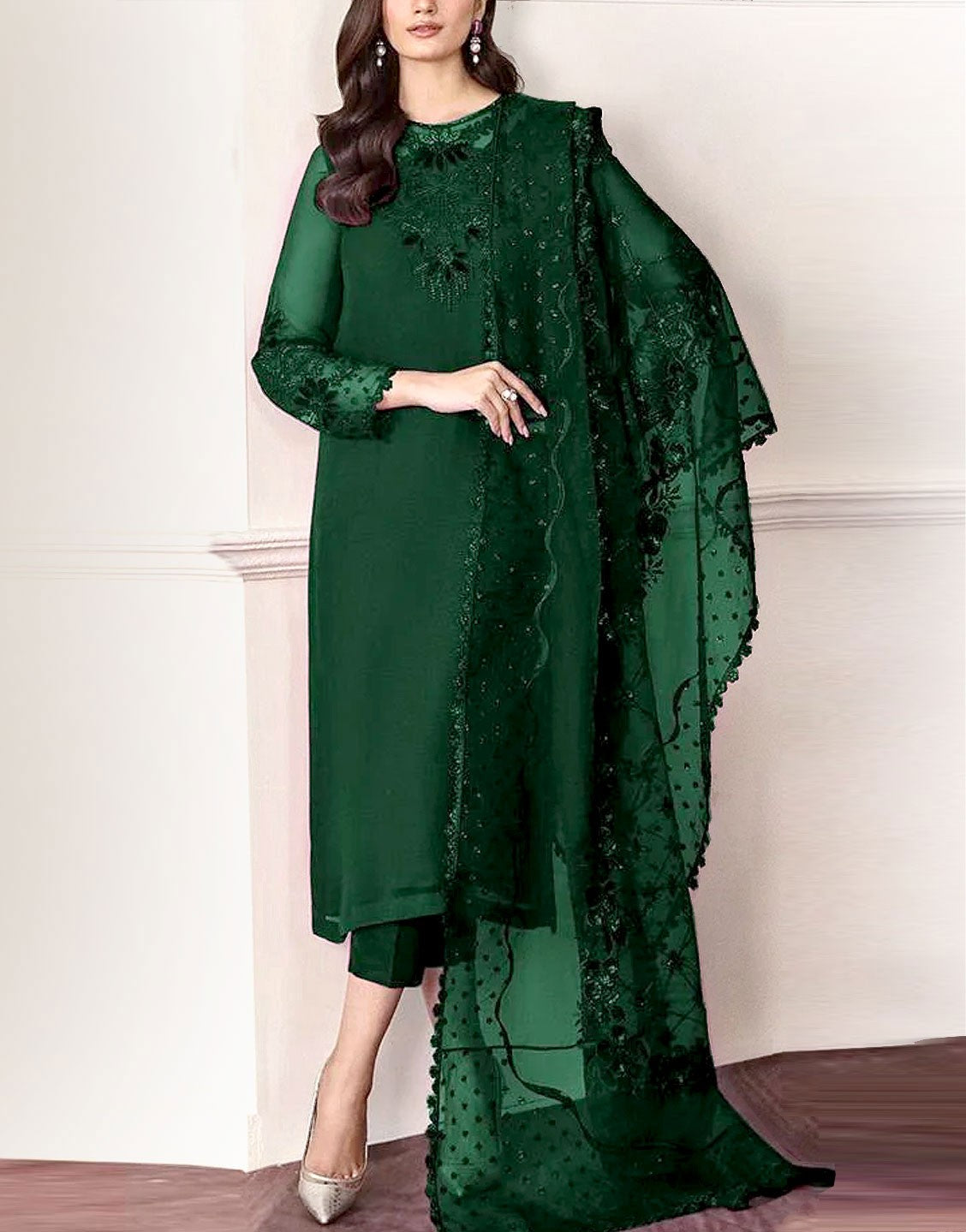 Affordable Fancy Embroidered Dark Green Chiffon Party Dress with