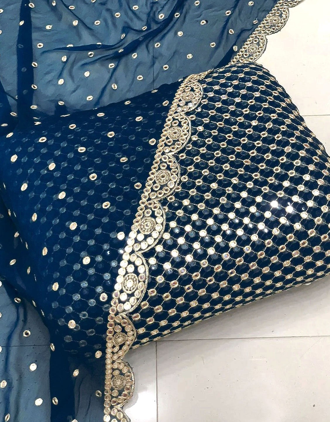 Hiba Bukhari Design: 3-Piece 9mm Chiffon Dress with Cutwork Dupatta - Navy Blue