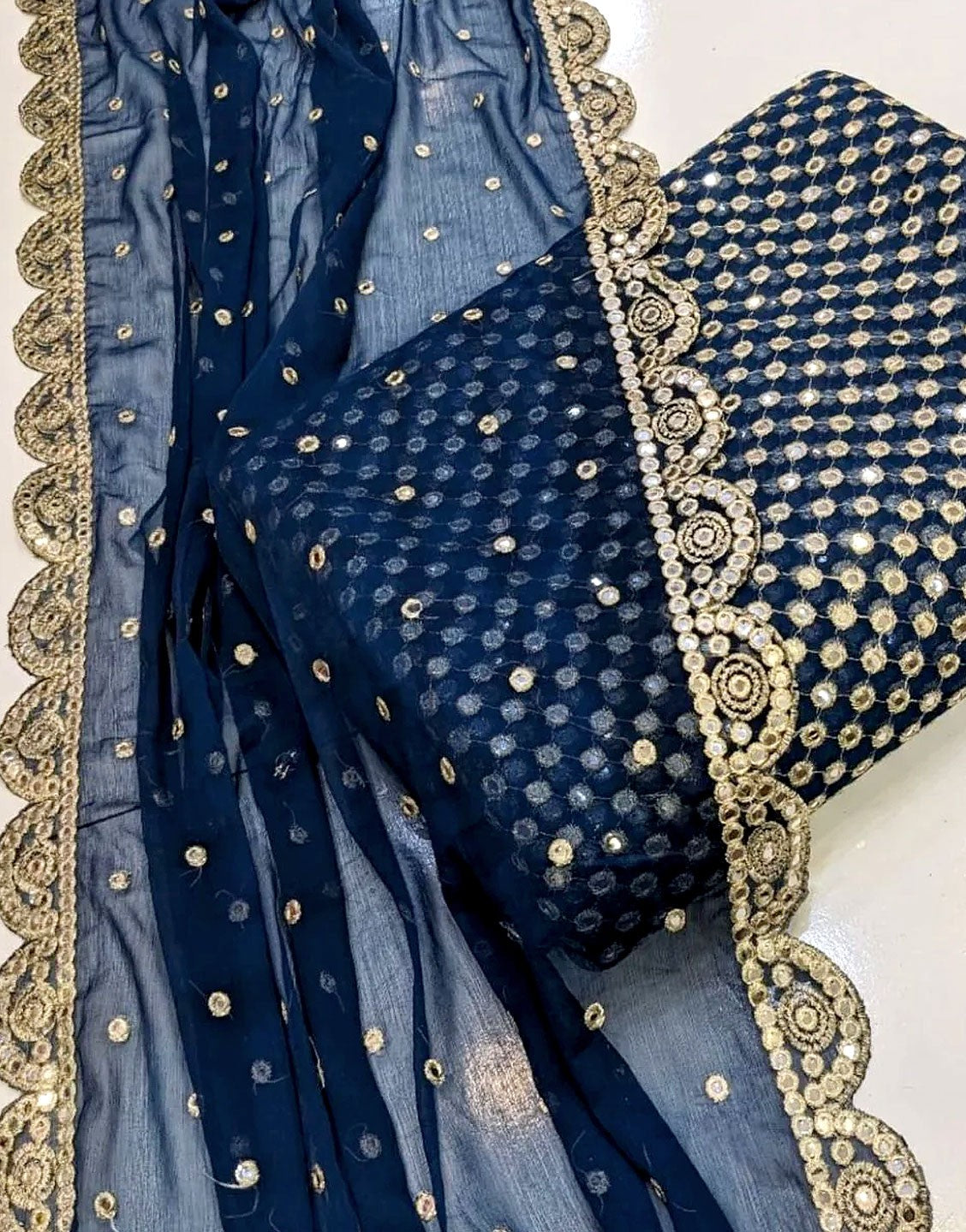 Hiba Bukhari Design: 3-Piece 9mm Chiffon Dress with Cutwork Dupatta - Navy Blue