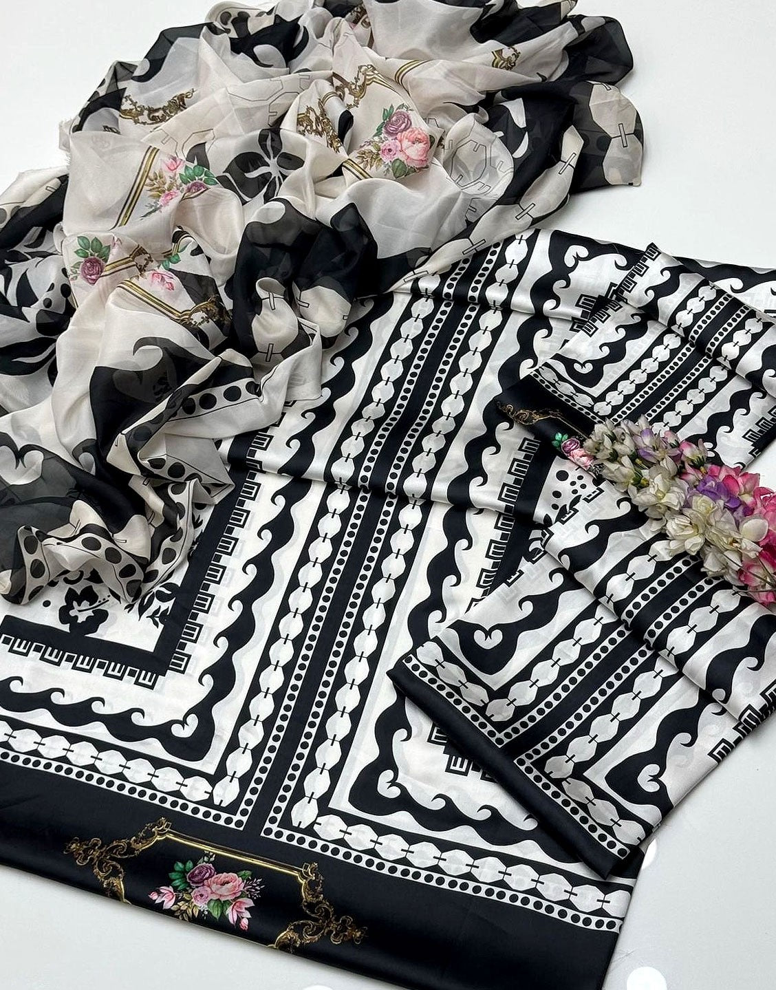 Digital Print Silk Party Wear Dress with Silk Dupatta