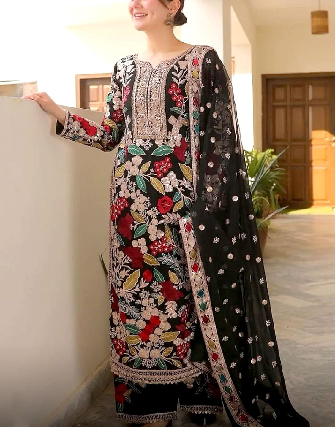 Heavy Embroidered Formal Black Chiffon Party Wear Dress