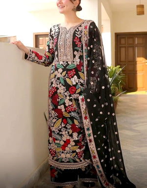 Heavy Embroidered Formal Black Chiffon Party Wear Dress