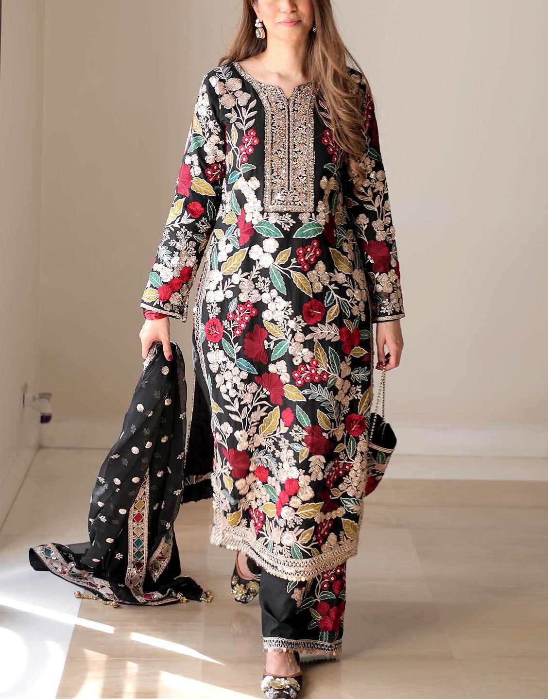 Heavy Embroidered Formal Black Chiffon Dress with Multicolor Floral Work
