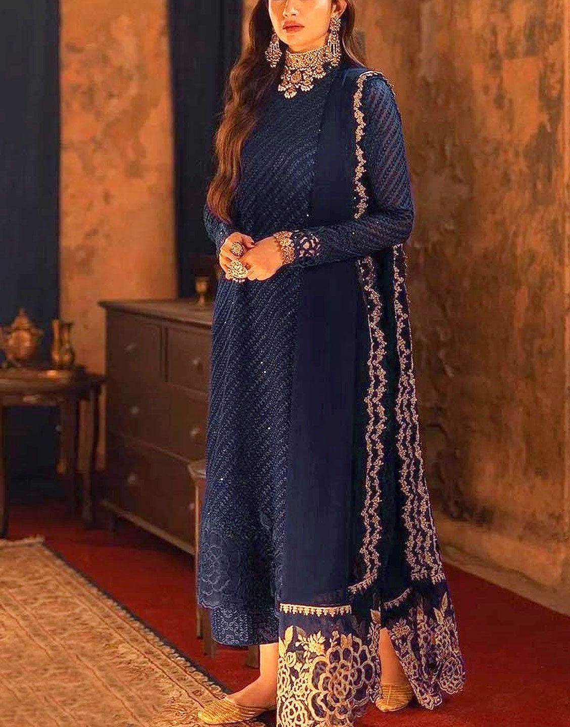 Fancy Heavy Embroidered Navy Blue Chiffon Wedding Dress