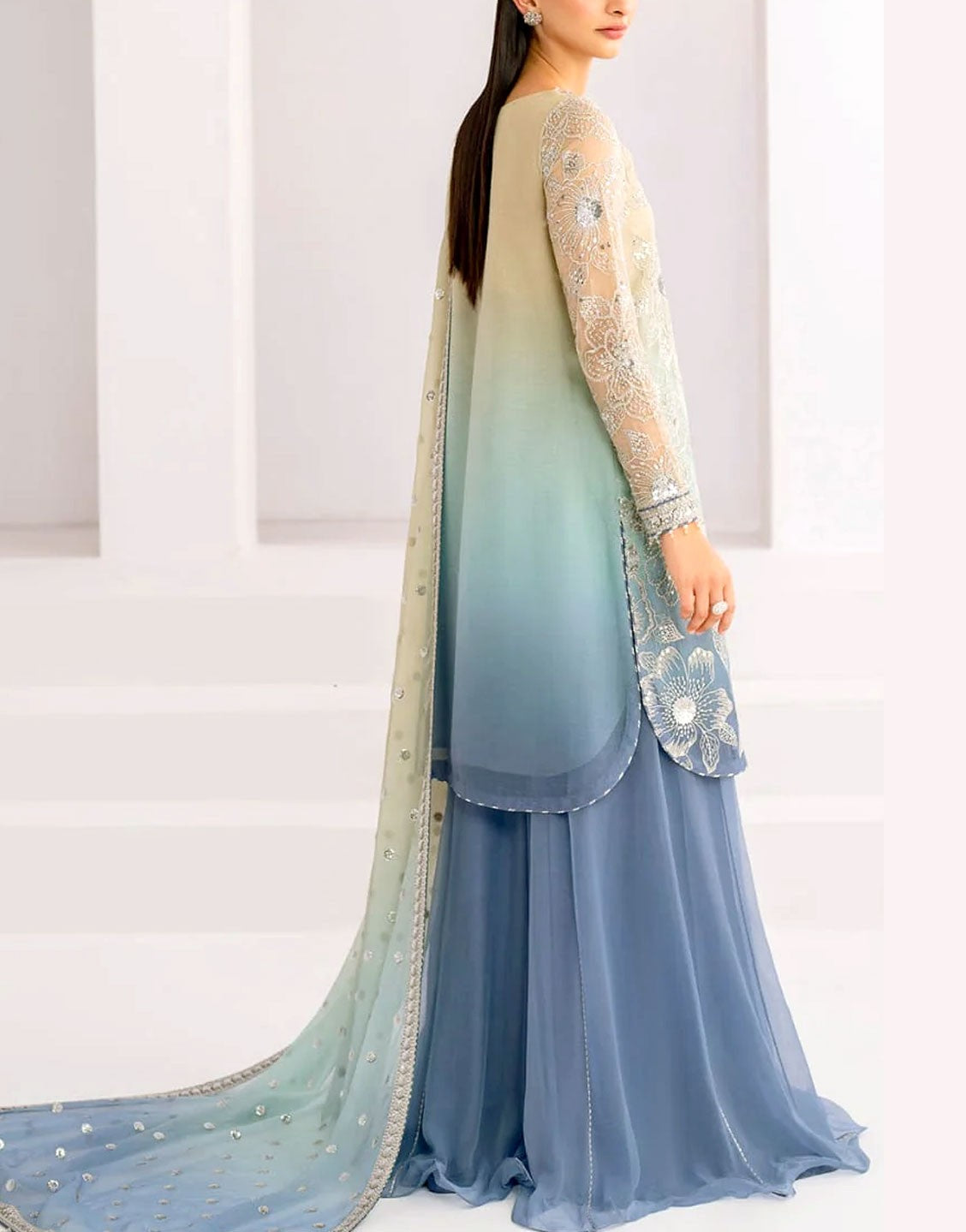 Trendy Ombre Style Embroidered Chiffon Dress for Party & Weddings