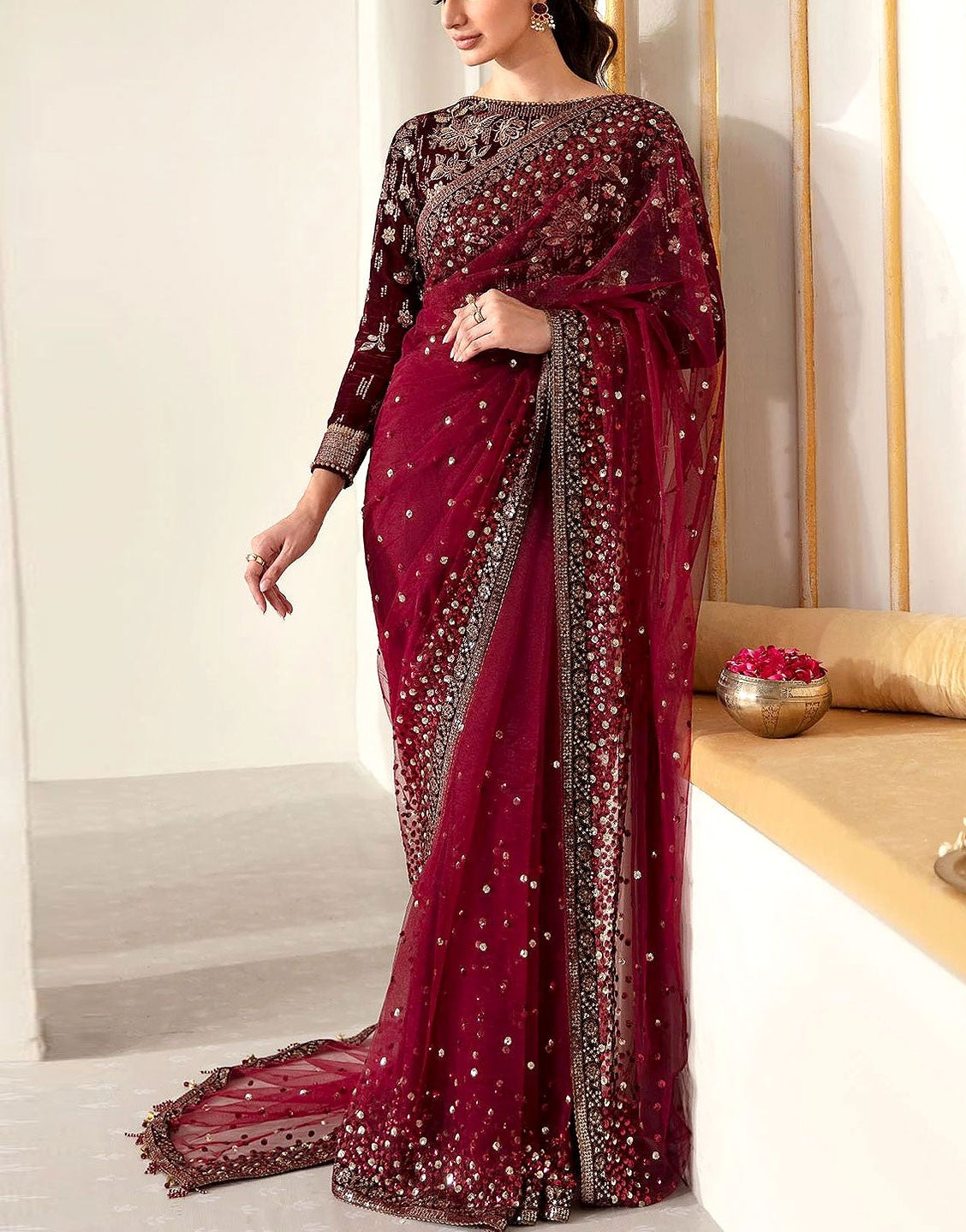 Luxury Heavy Embroidered Velvet + NET Bridal Saree