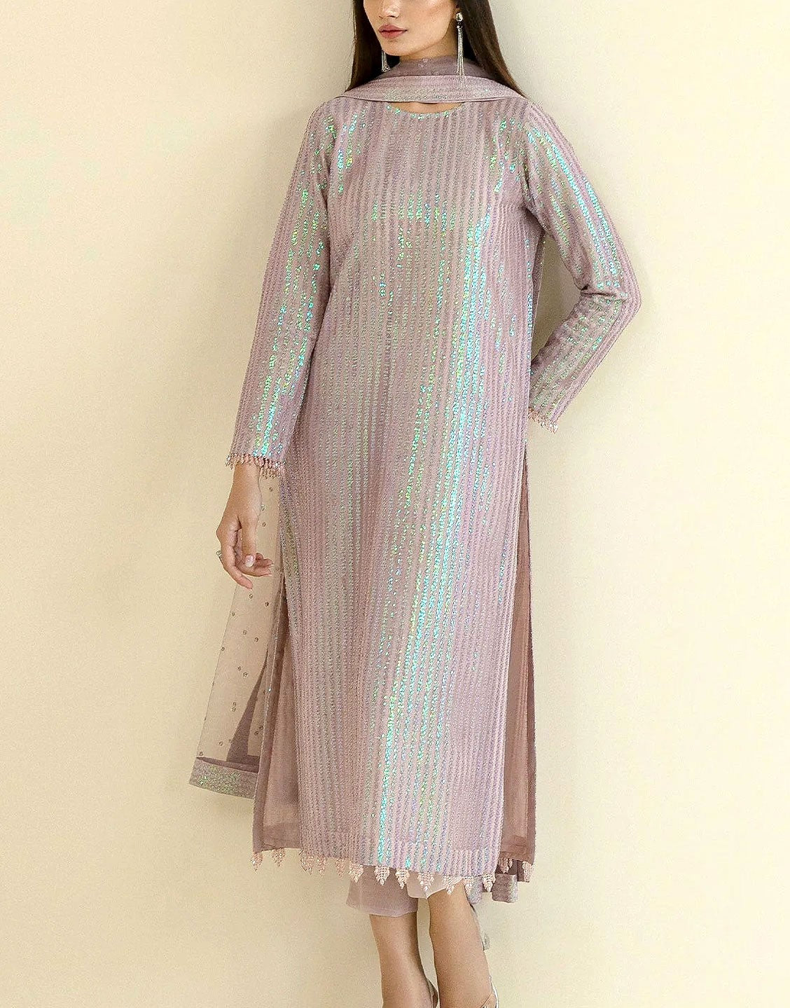 Glittering Sequins Embroidered Chiffon Wedding Party Dress with Net Dupatta