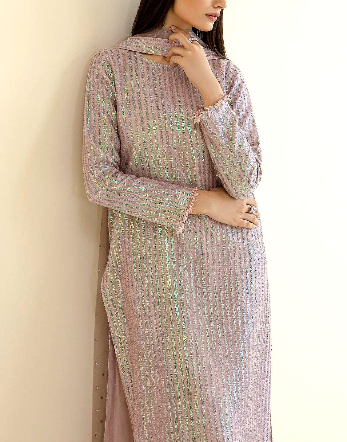 Glittering Sequins Embroidered Chiffon Wedding Party Dress with Net Dupatta