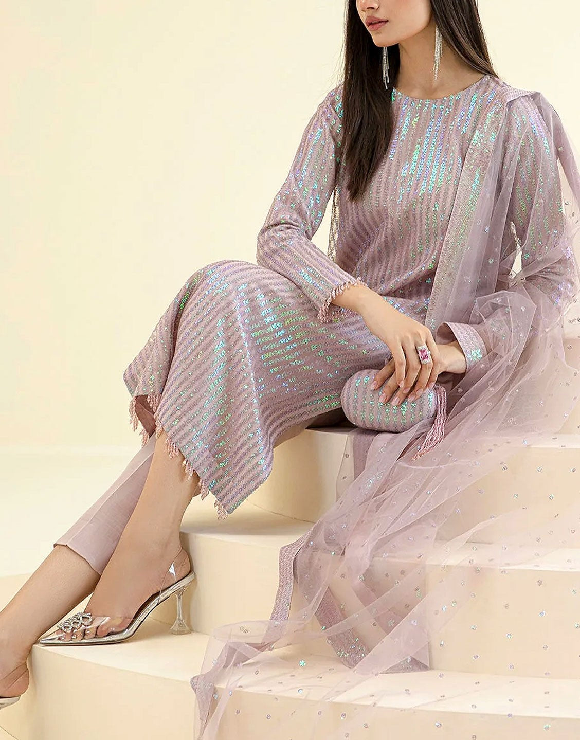 Glittering Sequins Embroidered Chiffon Wedding Party Dress with Net Dupatta