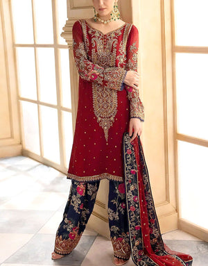Heavy Embroidered with Handwork Red Chiffon Wedding Dress with Embroidered Silk Trouser