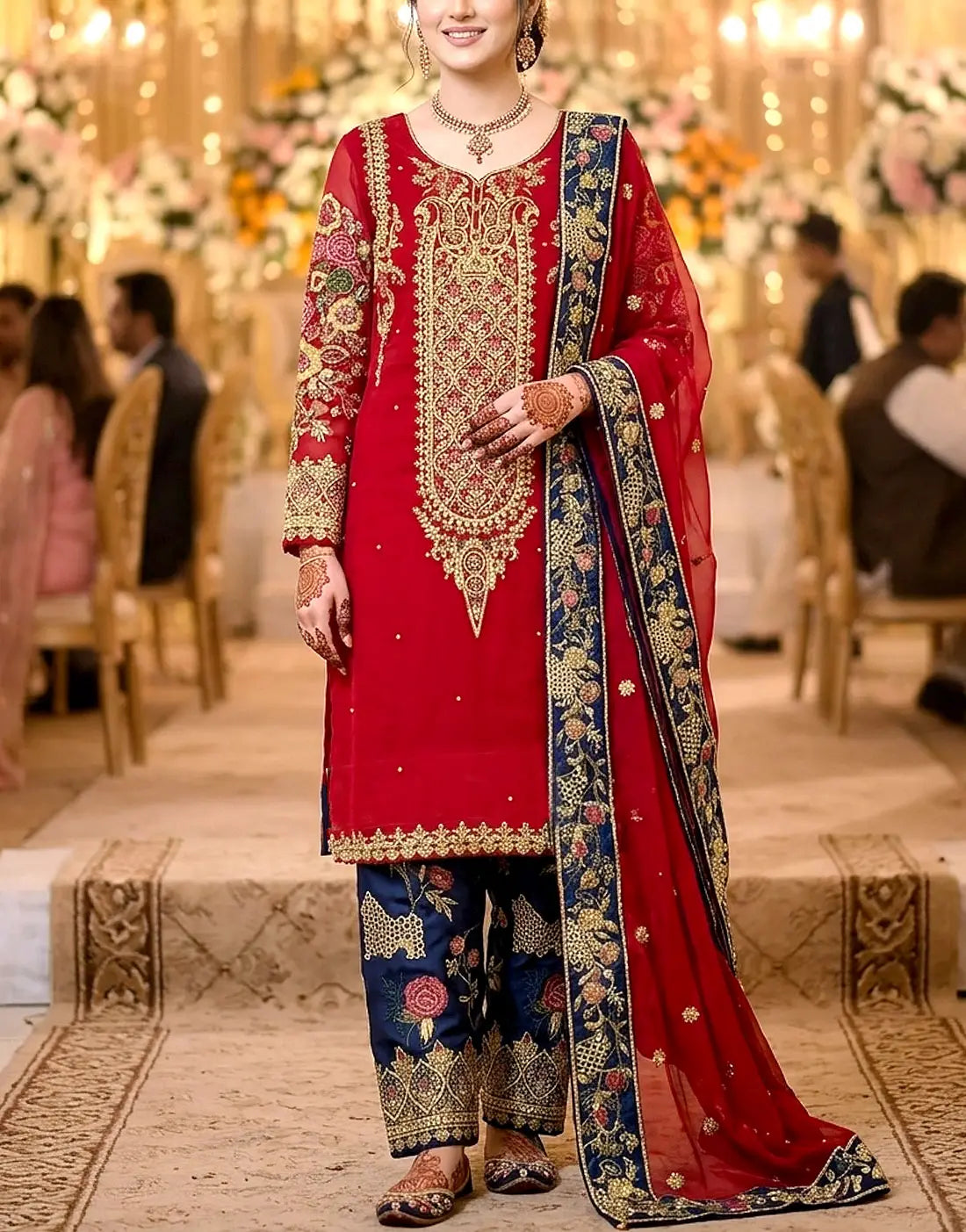 Heavy Embroidered with Handwork Red Chiffon Wedding Dress with Embroidered Silk Trouser