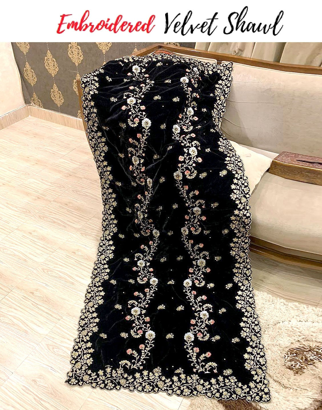 Premium Quality Heavy Embroidered Bridal Velvet Shawl - Black