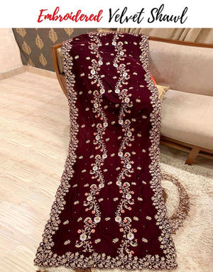 Premium Quality Heavy Embroidered Bridal Velvet Shawl - Maroon