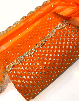 Hiba Bukhari Design: 3-Piece 9mm Chiffon Dress with Cutwork Dupatta - Orange
