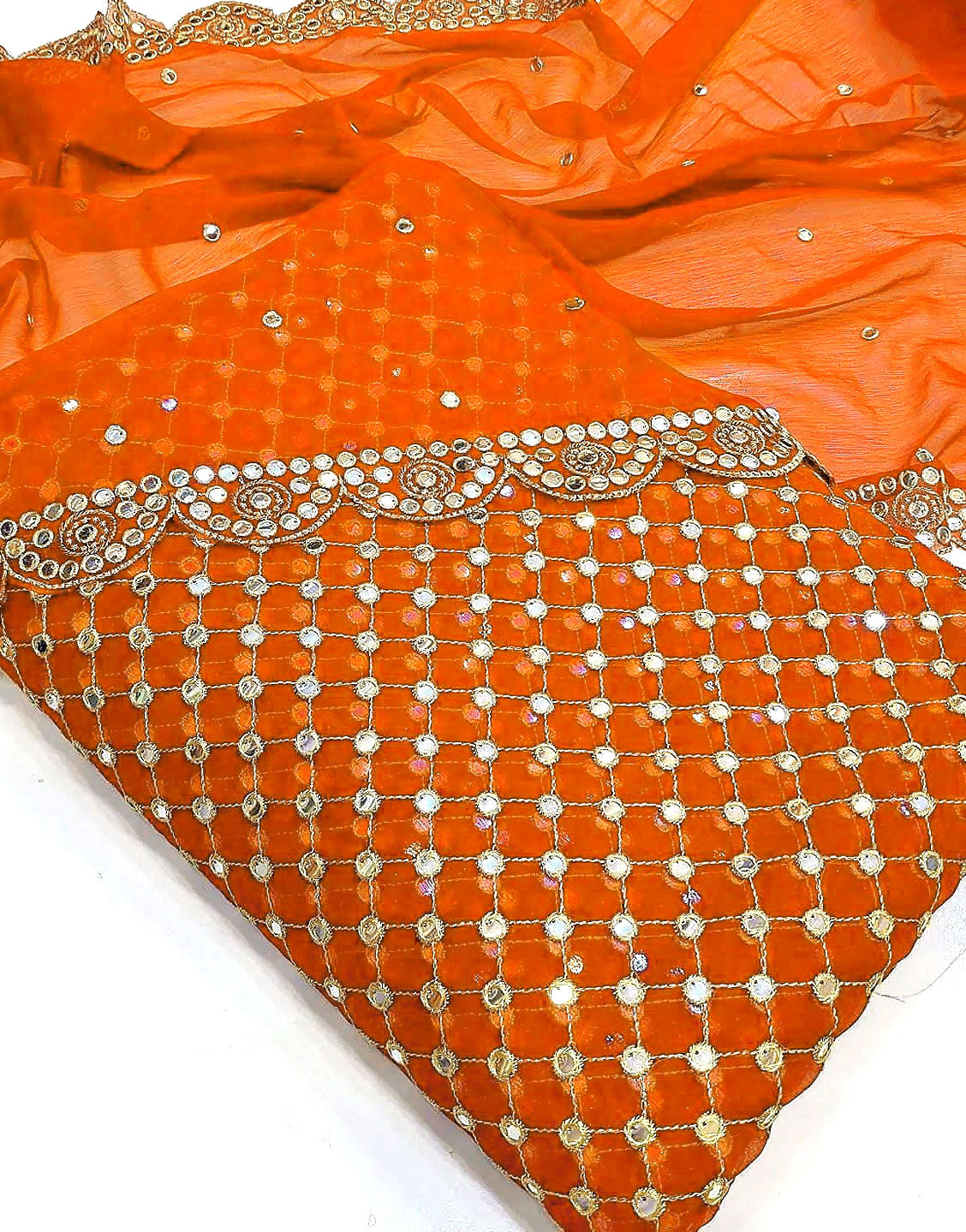 Hiba Bukhari Design: 3-Piece 9mm Chiffon Dress with Cutwork Dupatta - Orange