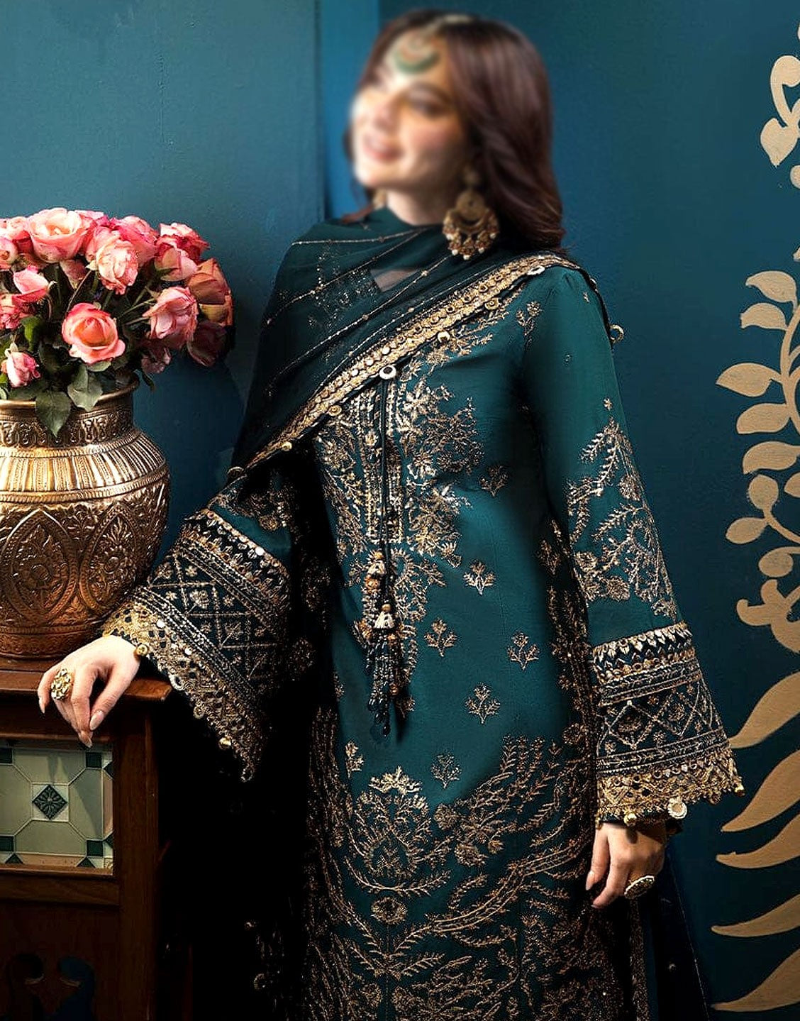 Heavy Embroidered Peacock Green Chiffon Dress for Formal Parties & Weddings