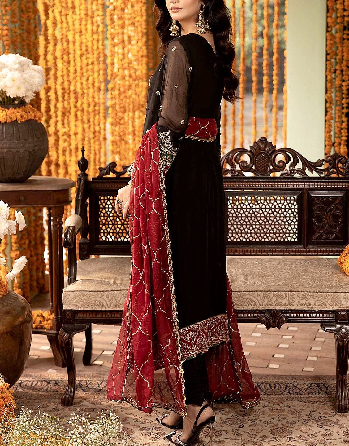 Elegant Heavy Embroidered Black Chiffon Party Wear Dress