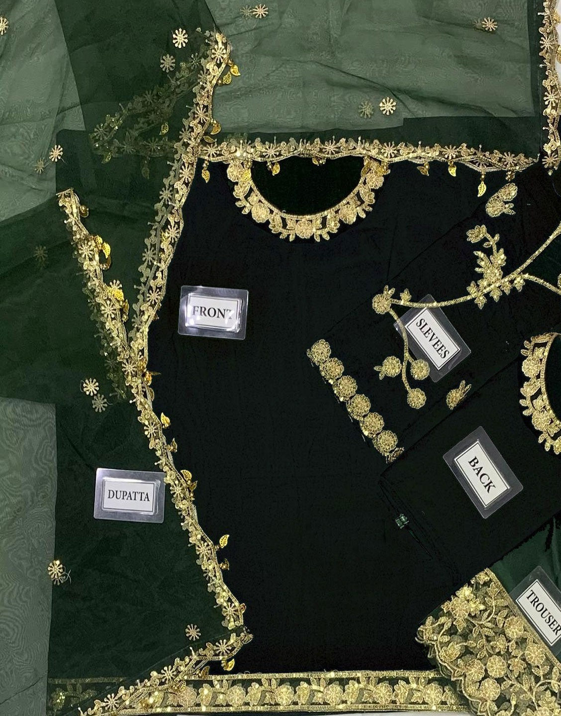 Decent Embroidered Bottle Green Velvet Dress with Organza Dupatta