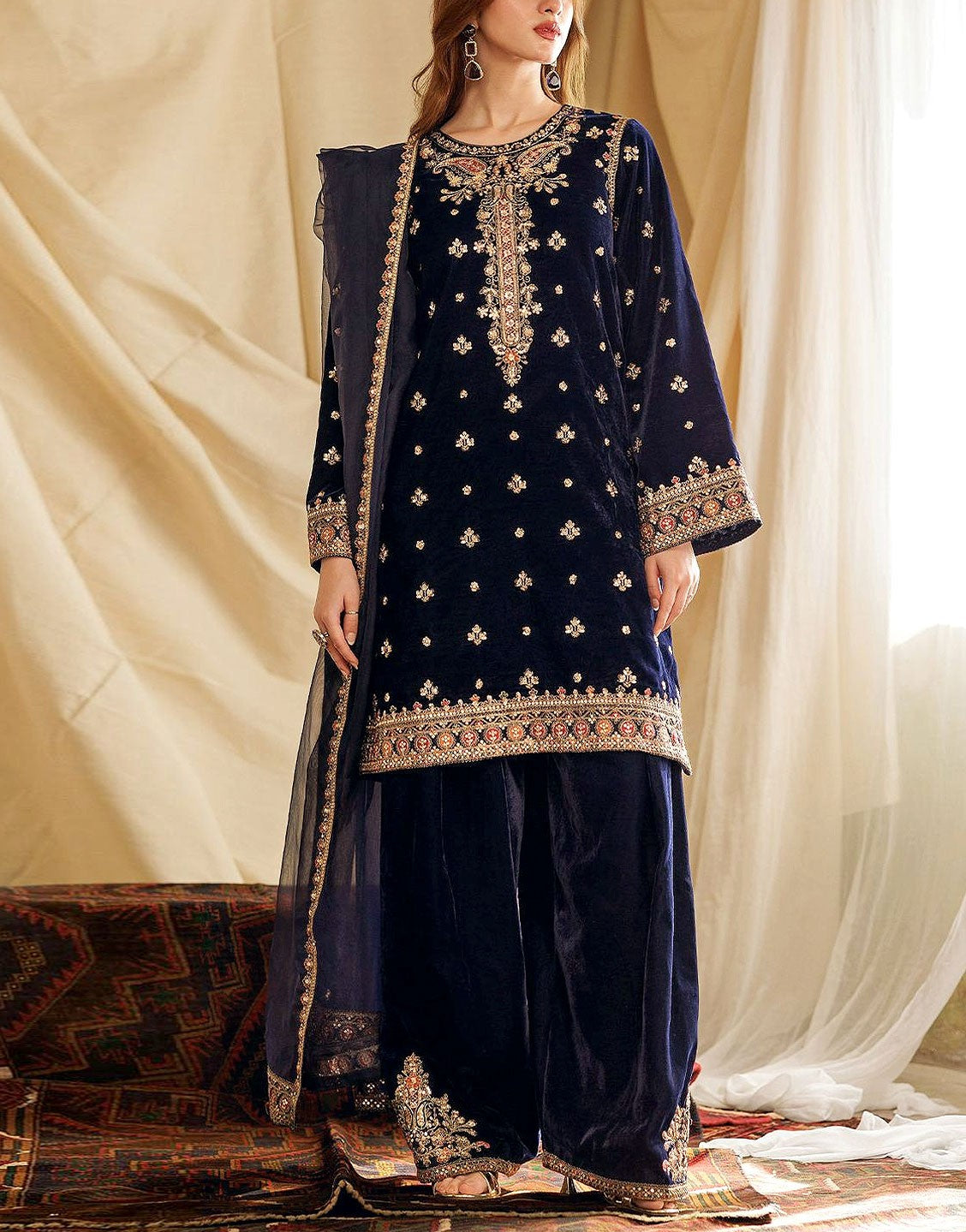 Luxury Heavy Embroidered Velvet Dress with Chiffon Dupatta