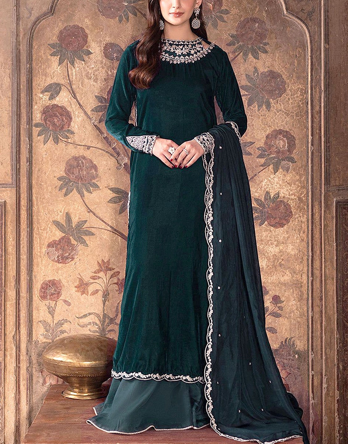 Decent Embroidered Velvet Party Wear Dress with Chiffon Dupatta