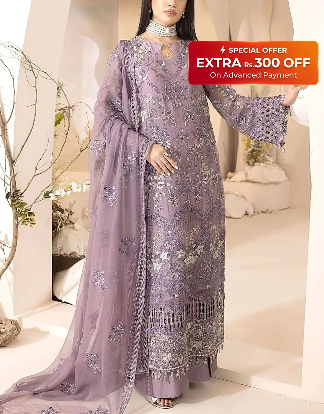 Heavy Embroidered Mauve Chiffon Wedding Dress - Ideal for Sister of Bride