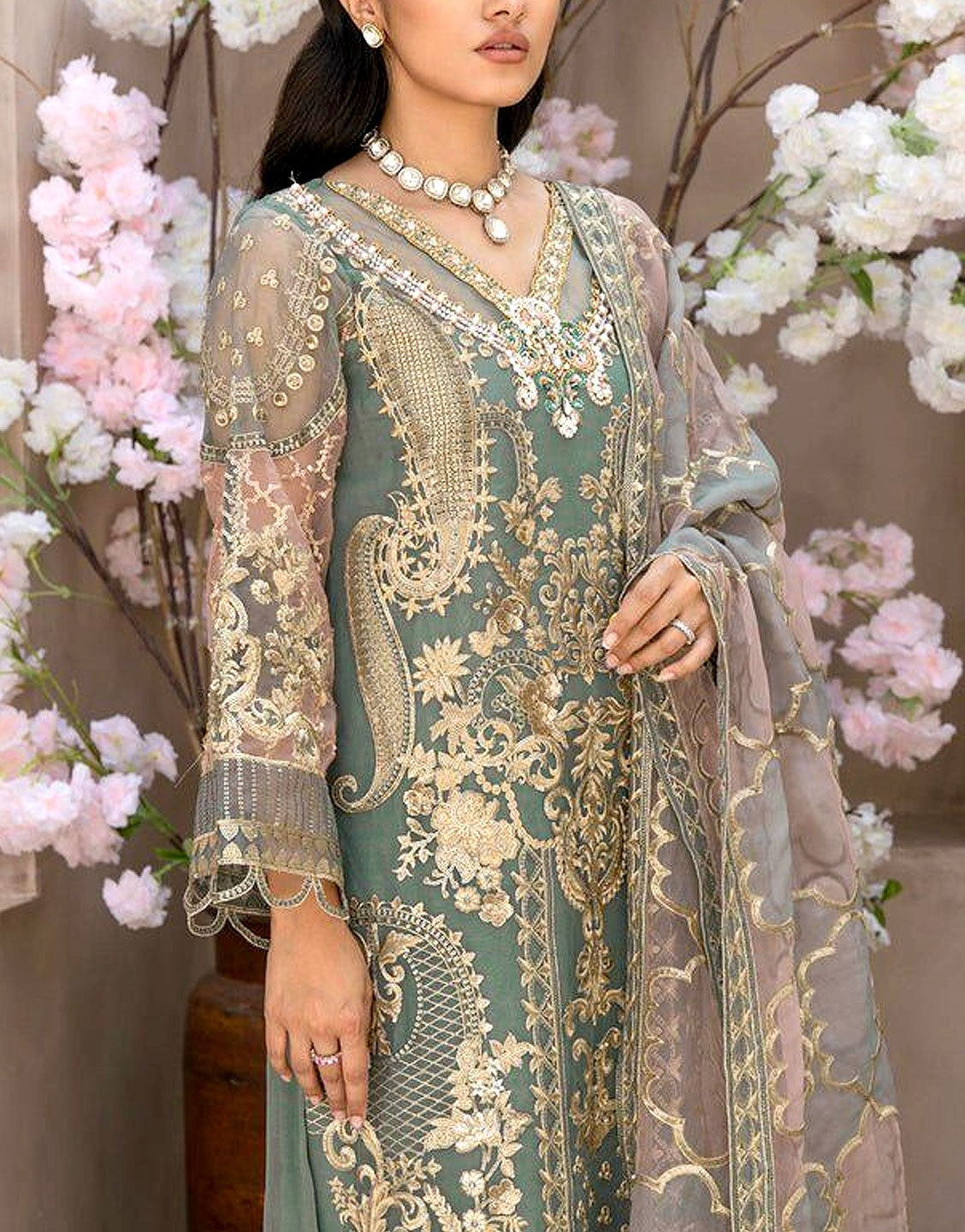 Luxurious Handwork Embroidered Organza Party Dress with Emb. Silk Trouser