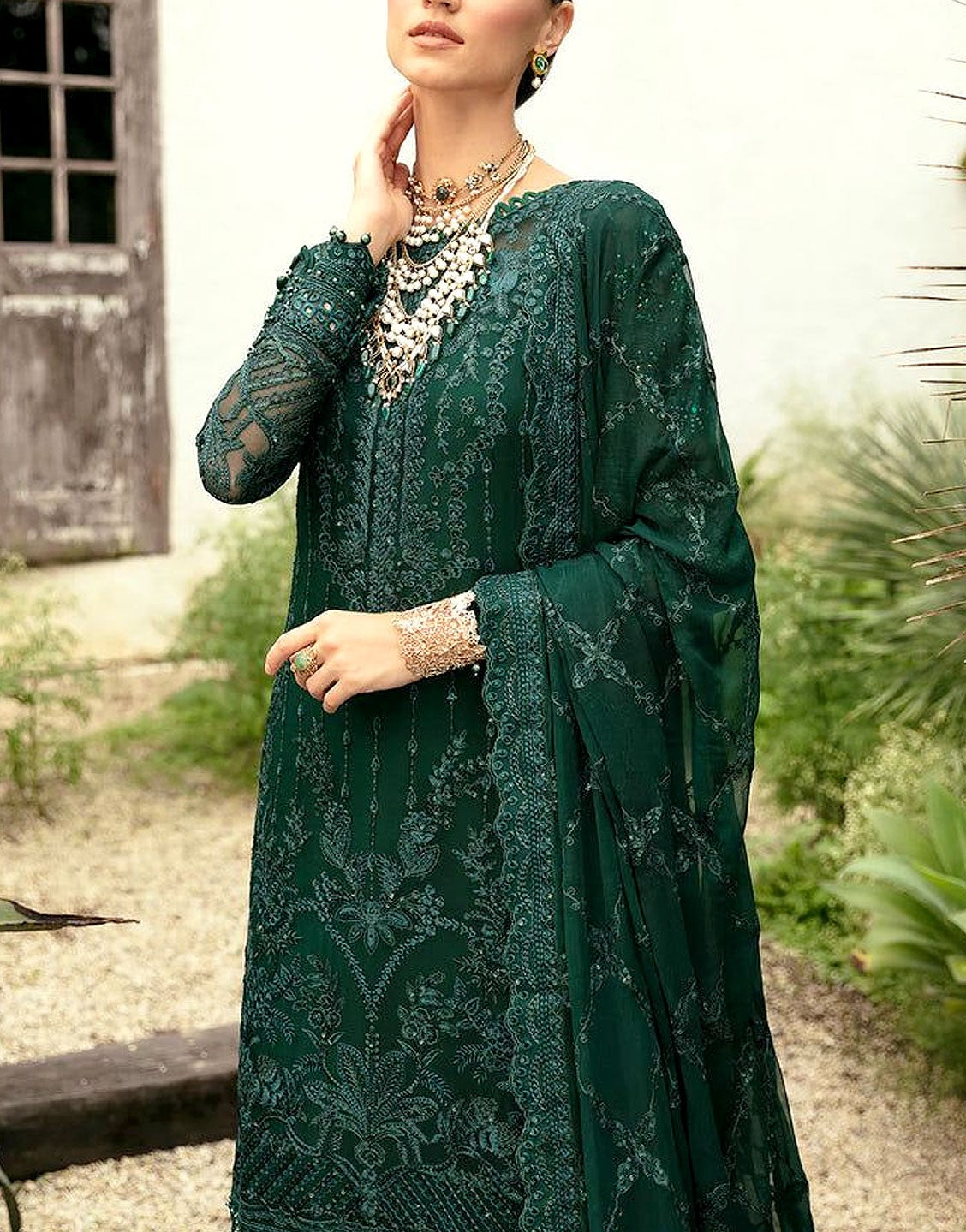 Formal Heavy Embroidered Chiffon Party Wear Suit with Silk Trouser