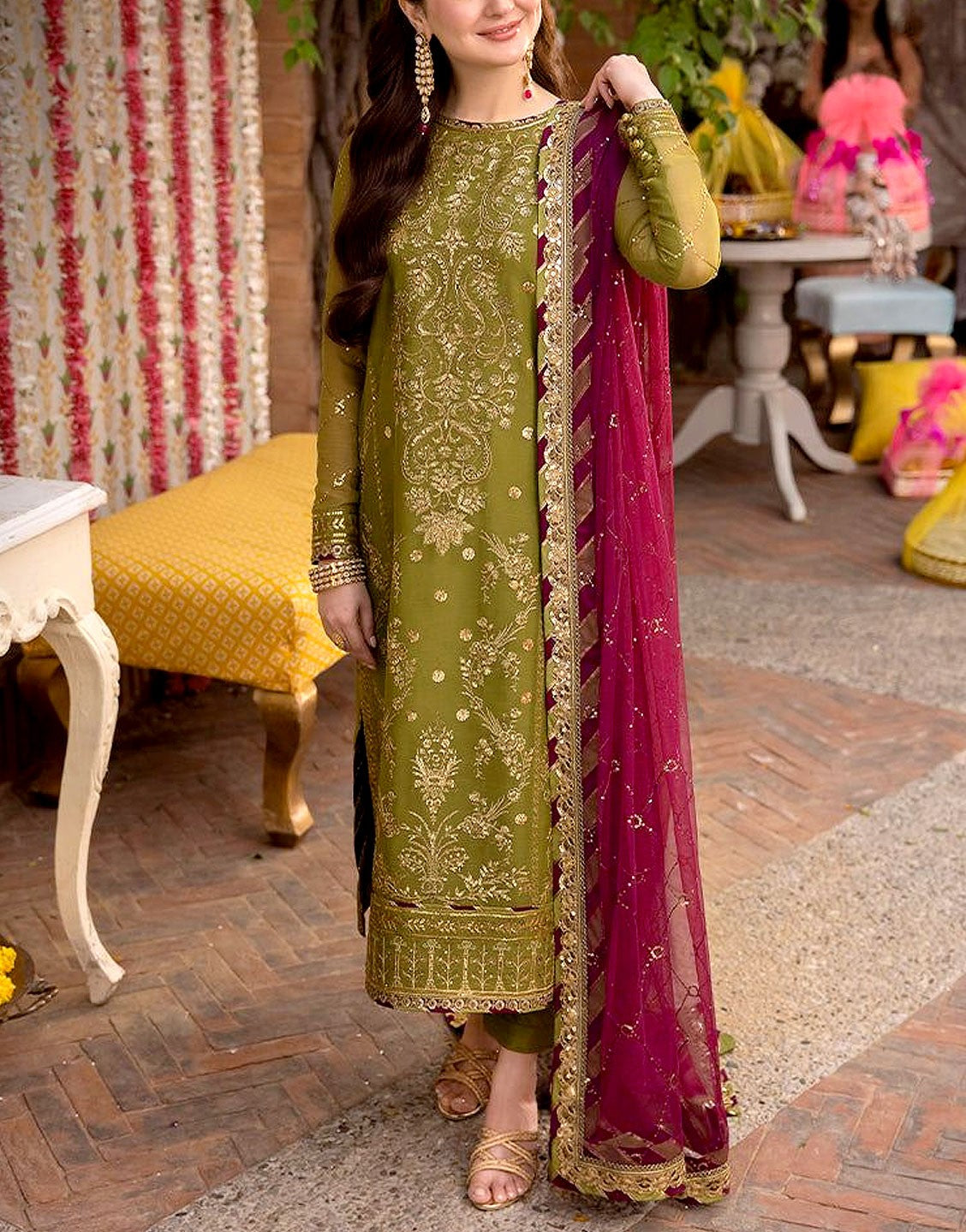 Heavy Embroidered Fancy Chiffon Mehndi Dress with Silk Trouser