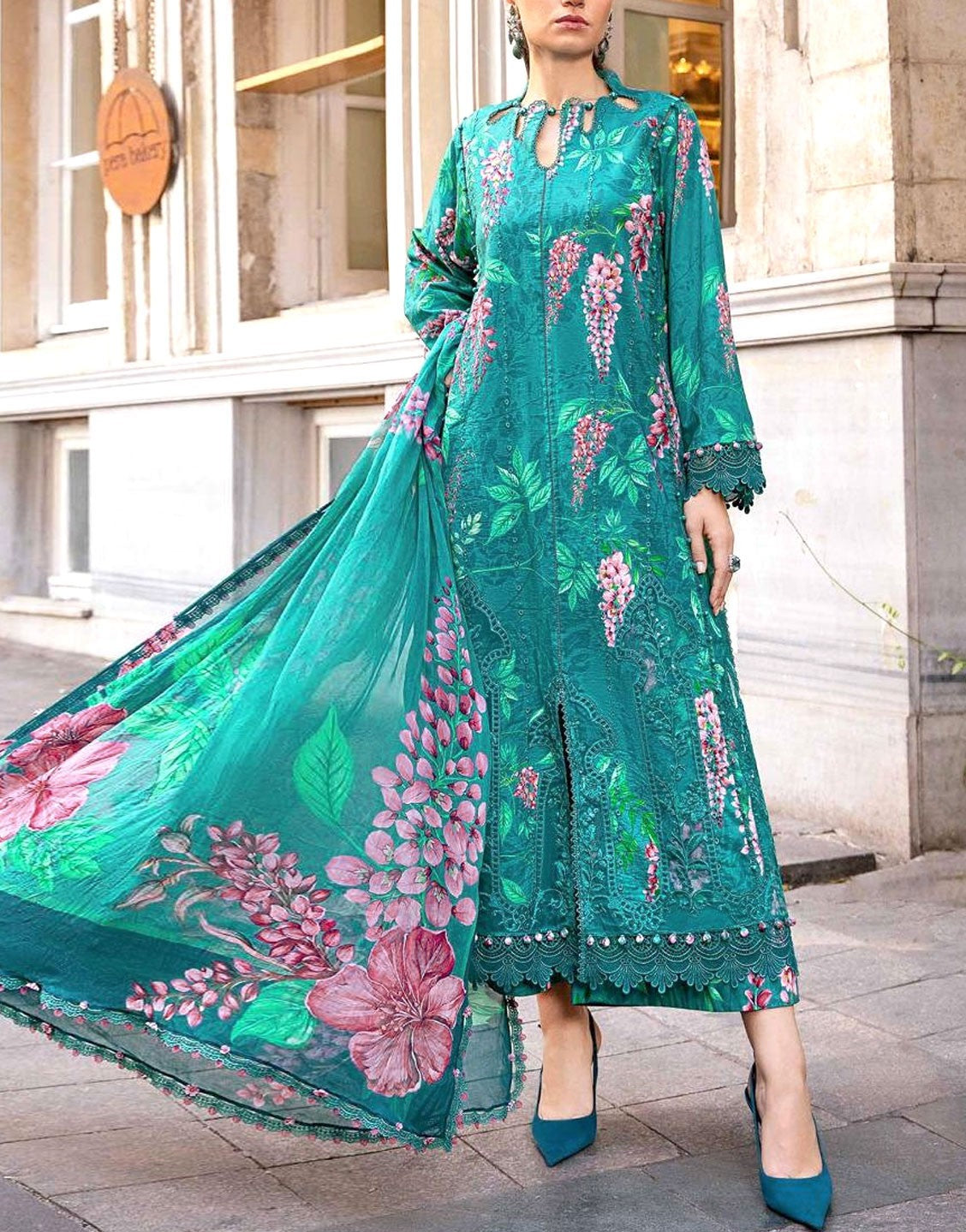 All-Over Print Schiffli Embroidered Lawn Dress with Chiffon Dupatta