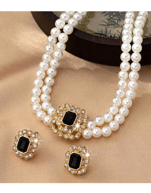 Elegant Double Row Faux Pearl Choker Necklace & Stud Earrings