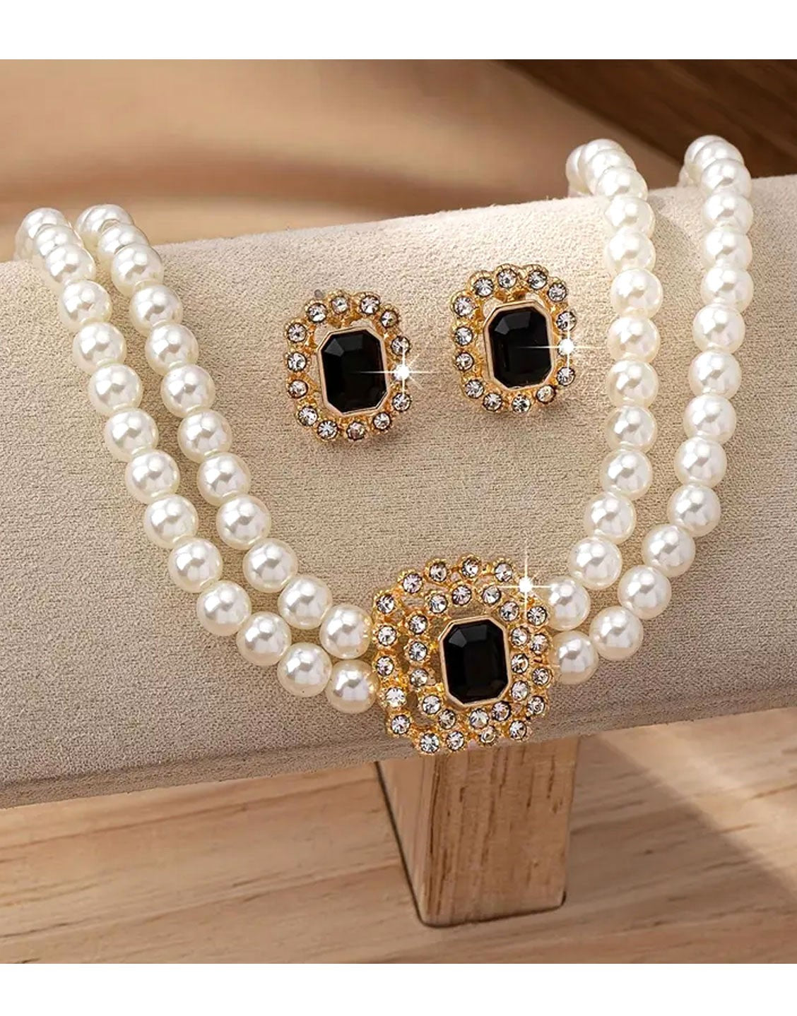 Elegant Double Row Faux Pearl Choker Necklace & Stud Earrings