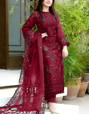 Luxury Embroidered Cotton Dress with Bamber Chiffon Dupatta