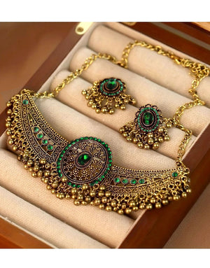 Bohemian Style Green Synthetic Gemstone Choker Jewelry Set with Earrings