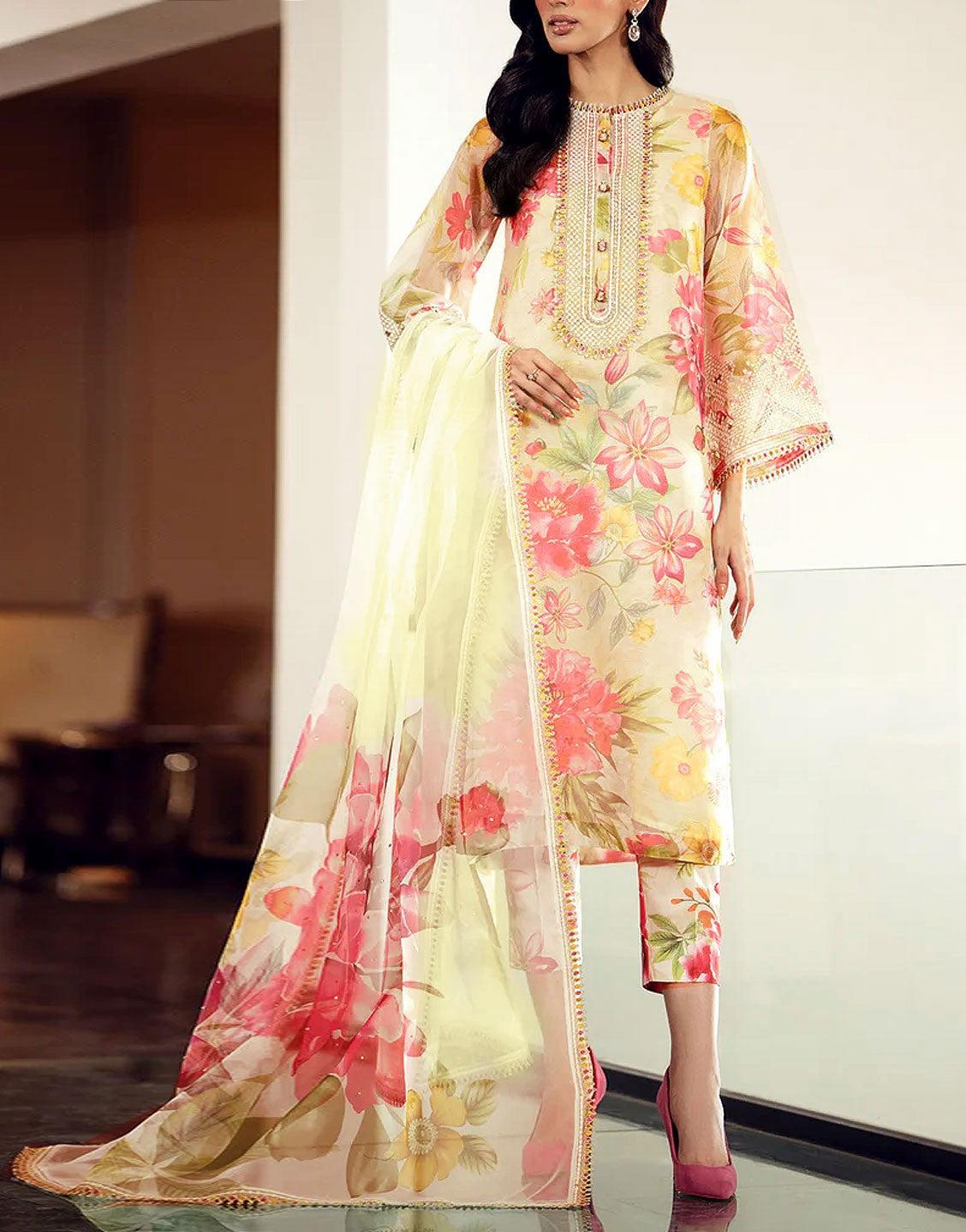 All-Over Print Embroidered Lawn Suit with Chiffon Dupatta