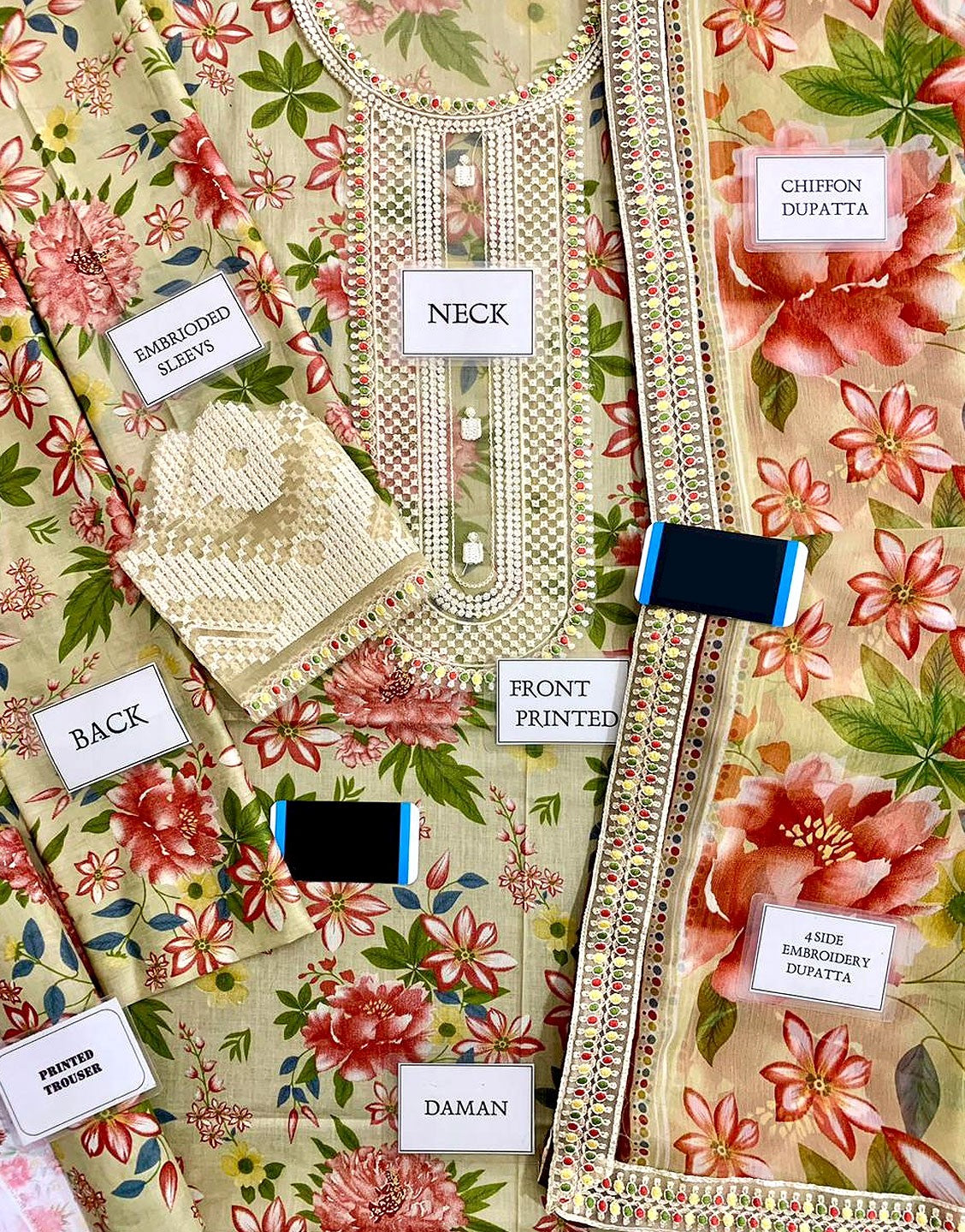 All-Over Print Embroidered Lawn Suit with Chiffon Dupatta