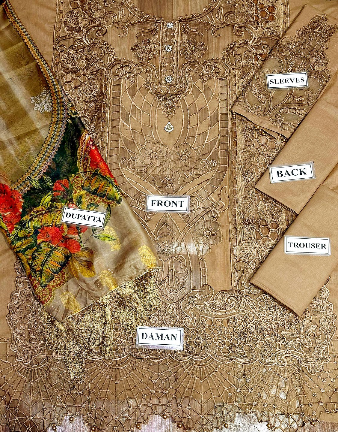 Luxury Schiffli Embroidered Cotton Dress with Digital Print Silk Dupatta