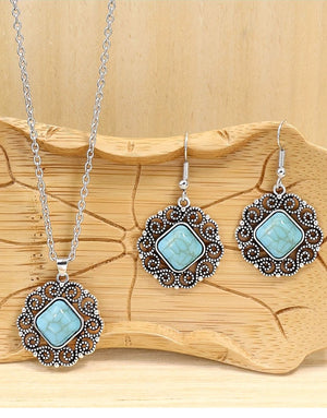 Vintage Silvery Rectangular Turquoise Necklace with Earrings Set