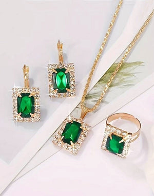 3-Piece Synthetic Green Gemstone Square Necklace with Ring, Earrings