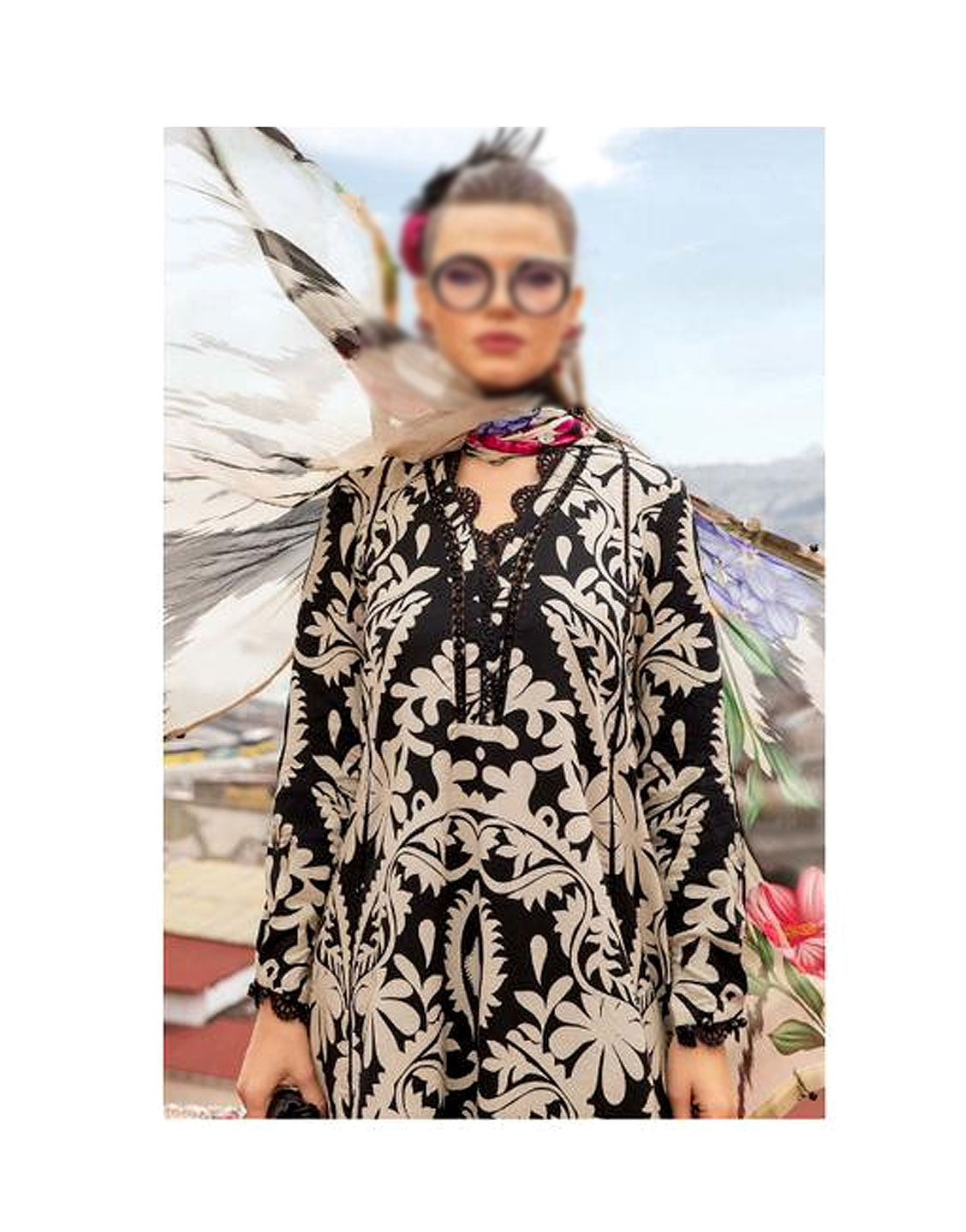 Stylish All‑Over Digital Print Embroidered Lawn Dress with Printed Chiffon Dupatta