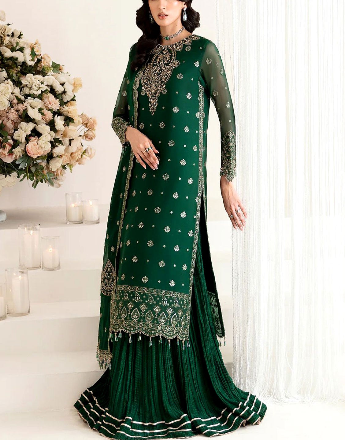 Heavy Embroidered Formal Chiffon Dress with Silk Gharara Trouser